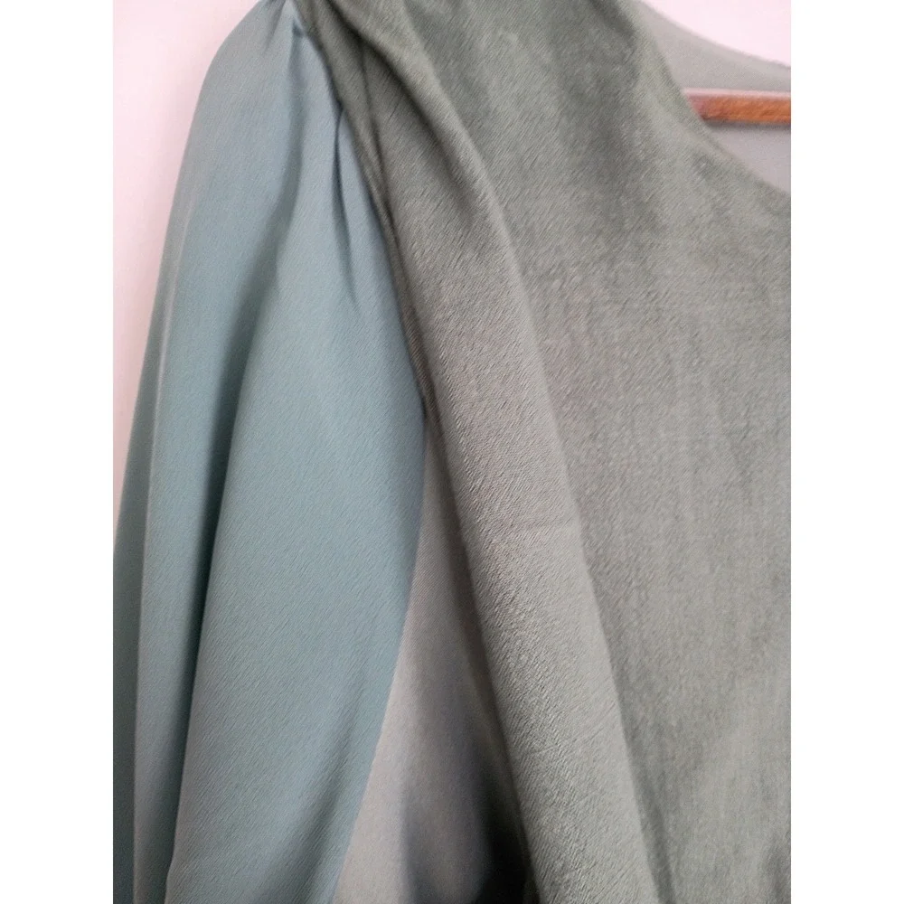 UMGEE‎ Sage Green Linen Mini Dress Blue Contrast Slve Smocked Cuff S Cottagecore